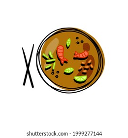 Tom yam. Sour and spicy soup with shrimps. Asian and Thai food. Sketch cartoon illustration