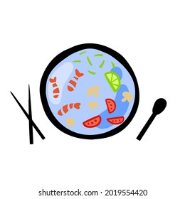 Tom yam. Sour and spicy soup with shrimps. Asian and Thai food. Flat sketch cartoon illustration