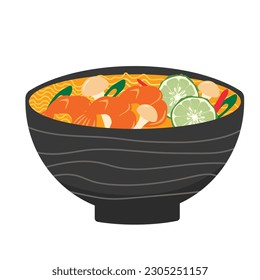 Tom yam sour spicy soup with shrimp. Thai national dish. Vector illustration. Isolated on a white background. Kaffir lime, Alpinia galanga, Capsicum annuum, Cymbopogon, cilantro, fish sauce.