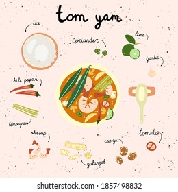 Tom Yum Asian hot soup. National Thailand food. Vector hand drawn illustration.