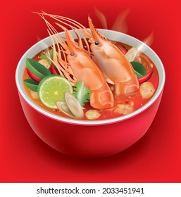 Tom Yum Goong curry in red bowl on red background