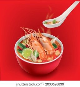 Tom Yum Goong curry in red bowl on red background with spoon scooping soup.illustration vector