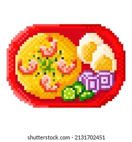 Tom Yum Goong Fried Rice or Seafood fried rice icon pixel art. Thai food. Vector illustration.