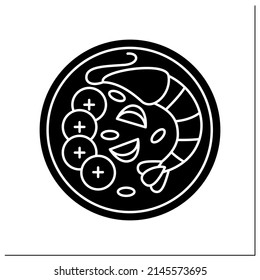 Tom yum goong glyph icon. Spicy Thai soup. Traditional dish with fresh shrimp, lemongrass, kaffir lime leaves. Trendy food. Thailand concept.Filled flat sign. Isolated silhouette vector illustration
