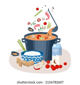 Tom Yum Goong or Khung illustration. Thai sour and spicy soup with seafood and rice. Traditional asian dish in a pot. Flat vector illustration