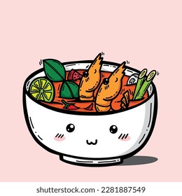 Tom Yum Goong or Tom Yum Kung (Thai Spicy Shrimp Soup), a world-famous Thai dish menu from street food . Regional Thai food cute cartoon vector illustration isolated on pink background