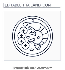 Tom yum goong line icon. Spicy Thai soup. Traditional dish with fresh shrimp, lemongrass, kaffir lime leaves. Trendy food. Thailand concept. Isolated vector illustration. Editable stroke
