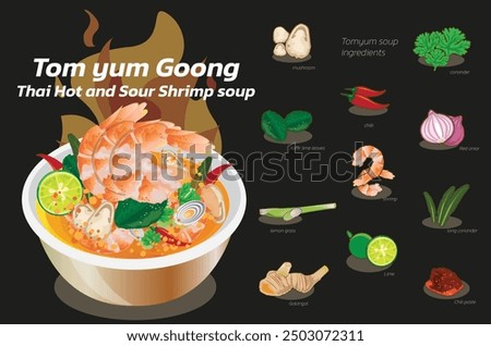 Tom Yum Goong, a menu that has a spicy, sour taste and is popular in Thailand. Organized in Vector format