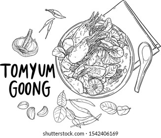 TOM YUM GOONG,sopa de especias tailandesas con dibujos a mano, Tom yum Goong Vector con fondo blanco