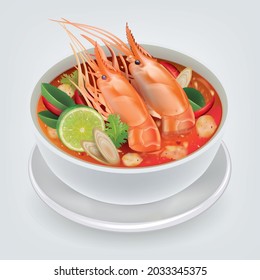 Tom Yum Gung Spicy Sour Soup einzeln auf weißem Hintergrund, thailändisches lokales Essen.Vektorgrafik