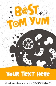 Tom yum hand drawn vector banner template. Spicy thai soup illustration with stylized lettering. Plate with mushrooms and seafood. Restaurant menu, poster design with text space