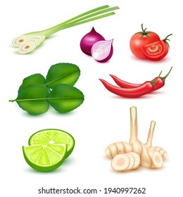 Tom yum ingredient spices. Traditional thai food. On white background . 3d Vector EPS10 illustration