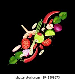 Tom yum ingredient spices. Traditional thai food. On black background. 3d Vector EPS10 illustration