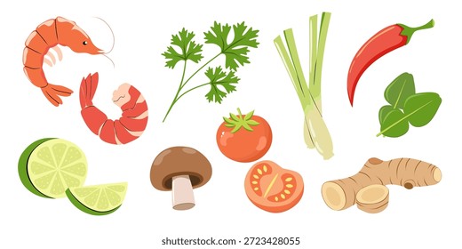 Tom Yum Ingredients Vetor Set (Conjunto Vetorial de Ingredientes Tom Yum). Elementos de cozinha de sopa tailandesa