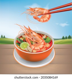 Tom Yum Kung curry in orange bowl on wooden background.Boiled shrimp in chopsticks. Cooked tiger prawn. illustration vector