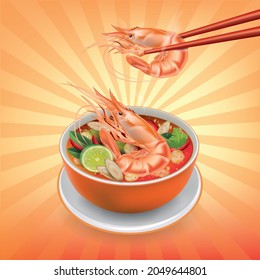 Tom Yum Kung curry en tazón naranja en un gráfico de fondo.vector ilustración