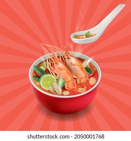 Tom Yum Kung curry in red bowl on a background graphic.illustration vector