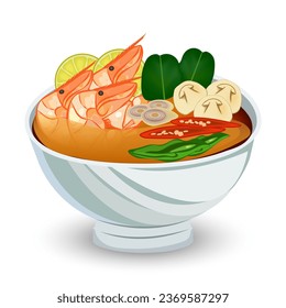 Tom Yum Kung curry in white bowl on a white background. vector illustration EPS 10.