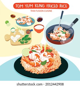 Tom yum kung fried rice and ingredients vector illustration.
Thai fusion food with prawn and herb, famous dish in Thailand.
Food illustration and ingredients vector.