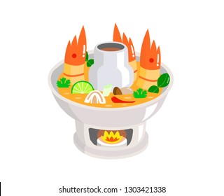 Tom Yum Kung in hot pot isolated on white background.