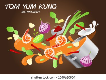 TOM YUM KUNG with ingredient. Thai food concept. Vector design on brown background.