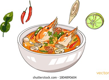 Tom Yum Kung with ingredients cartoon vector illustration,spicy soup in Thailand	
