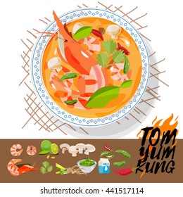 Tom Yum Kung with ingredients. Thai food concept - vector illustration