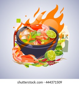 Tom Yum Kung with ingredients. Thai food concept - vector illustration