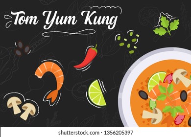 Tom Yum Kung recipe. Cooking soup with ingredients. Flat style illustration. Vector illustration.