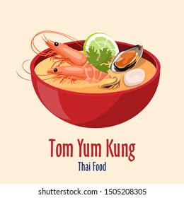 Tom Yum Kung - Red bowl with tasty seafood soup with shrimps and oysters, scallop, lime icon, Asian Thai cuisine, vector illustration