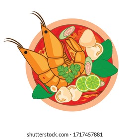 Tom Yum Kung Soup. Thai Spicy Soup is famous Food, Isolated, Vector Illustration