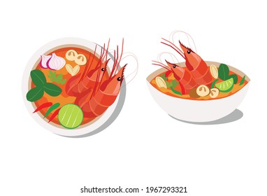 Tom Yum Kung soup Thai spicy diseño de comida famoso aislado de vector ilustración. Concepto de cocina tradicional tailandesa