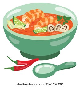 Tom Yum Kung Soup. Thai Spicy Soup. Handgezeichnete Vektorgrafik. Geeignet für Website, Aufkleber, Menü.