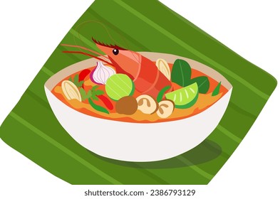 Tom Yum Kung soup Thai spicy famous food design isolated vector illustration.Thai traditional food concept