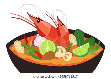 Tom Yum Kung sopa tailandesa picante famoso diseño de la comida aislada Ilustración vectorial.Thai concepto de comida tradicional