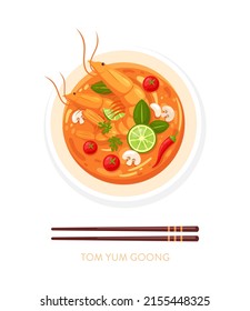 Tom Yum Kung Soup. Comida vectorial asiática con marisco, camarones, tomate, pimienta, lima y palillos. Sopa tradicional tailandesa picante para el menú del restaurante, plantilla de diseño, web, banner. Vista superior. Gastronomía de Tailandia 