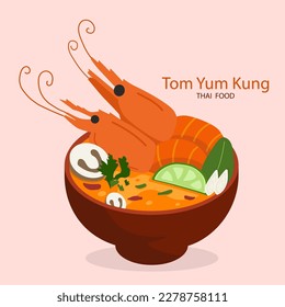 Tom Yum Kung Soup Vector. Traditional Thai spicy soup for restaurant menu.