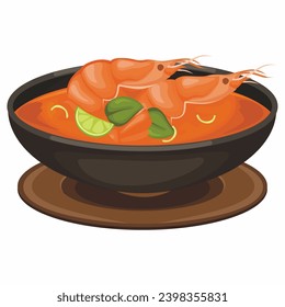 Tom Yum Kung Soup. Comida vectorial asiática con marisco, camarones, tomate, pimienta, lima y palillos. Sopa tradicional tailandesa picante para el menú del restaurante, plantilla de diseño, web, banner. Vista superior. Gastronomía de Tailandia