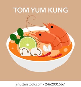 Tom Yum Kung Soup Vector. Traditional Thai spicy soup for restaurant menu.