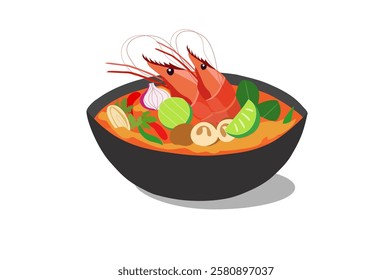 Tom Yum Kung spicy soup Thai famous food vector illustration. Thai food concept