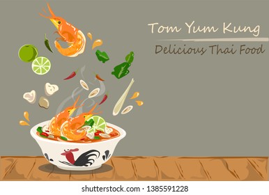 Tom Yum Kung Thai hot and spicy soup vector design.