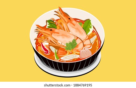 Tom yum kung, Thai hot, spicy and sour soup with prawn in a bowl, Isolated close up vector illustration.