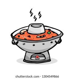 tom yum kung or Thai spicy soup with shrimp and pot object, vector doodle art