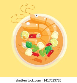 Tom Yum Kung Thai Spicy Food And Ingredients. Top View. Flat design illustration