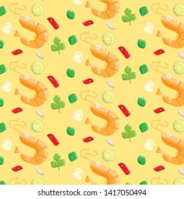 Tom Yum Kung Thai Spicy Food And Ingredients. Seamless Pattern. Flat design illustration