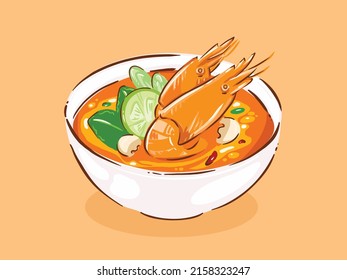 Tom Yum Kung, Thai Spicy Soup with Shrimp, Food hand drawn, vector illustration.