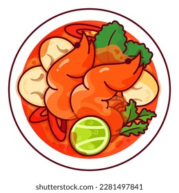 Tom Yum Kung thai spicy soup recipe illustration vector. Asian tom yum goong thai food icon top view. thai Shrimp or prawn spicy soup top view cartoon. Thai seafood menu icon top view vector.
