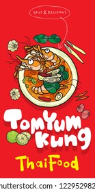 Tom Yum Kung is a type of hot and sour Thai soup, Tom yum Kung has its origin in Thailand. Tom Yum has been popularised around the world, Vector Poster Red Background