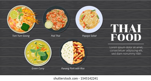 Tom yum kung,pad thai,papaya salad,green curry,panang pork with rice thai spicy food vector set collection graphic design