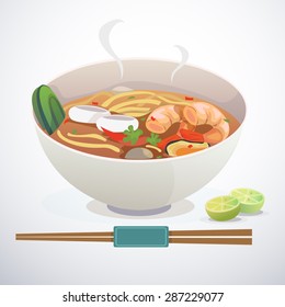 Tom yum noodle in white bowl and chopsticks.